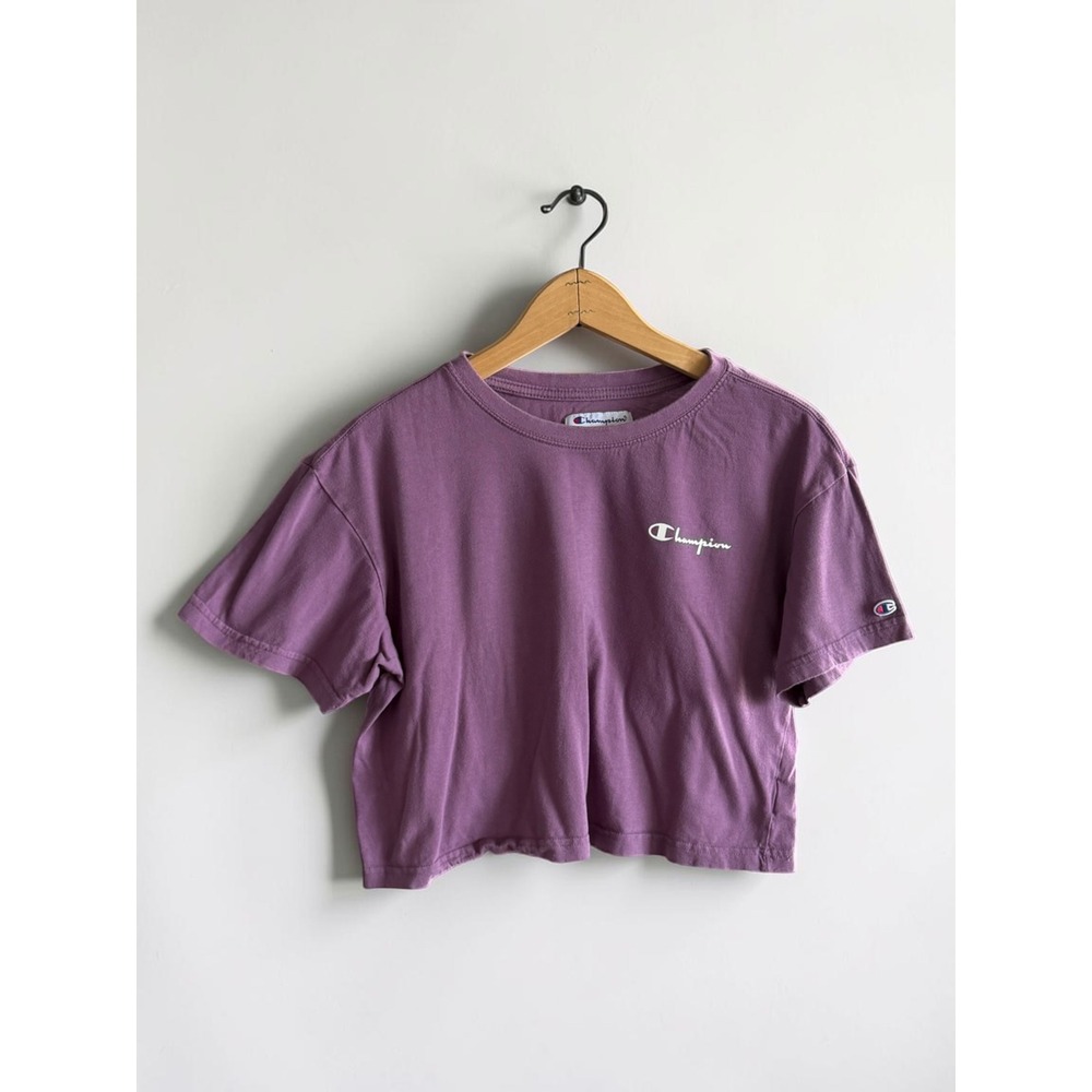 Champion Womens Purple Cropped Graphic T-Shirt Script Logo Size Medium